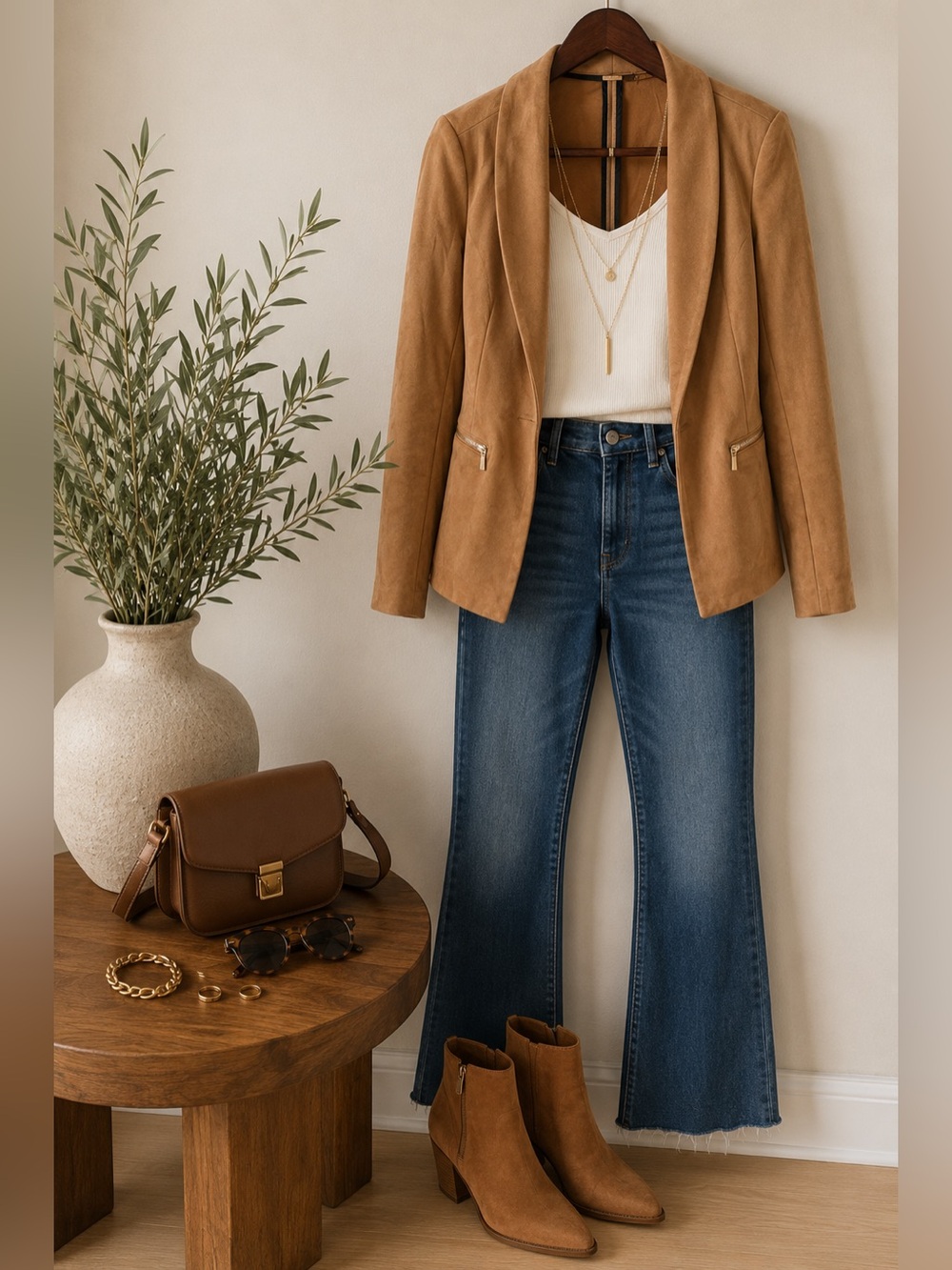 Camel Faux Suede Blazer | Open Front | Zip Pocket | Soft Stretch | Large